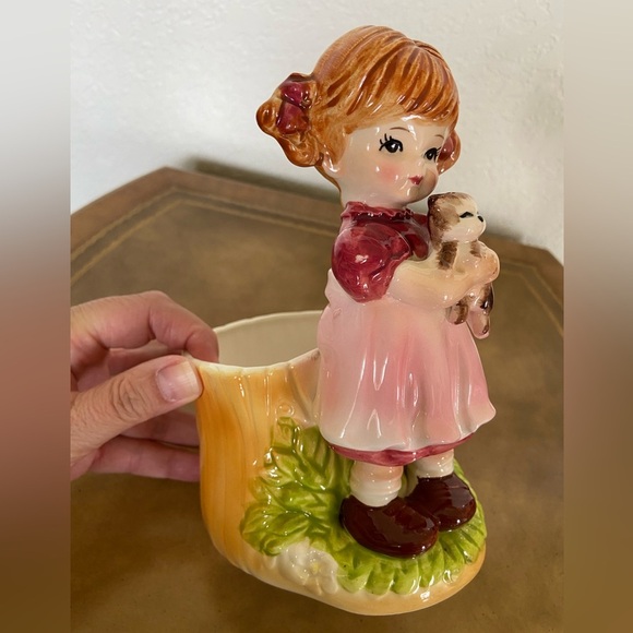 Vintage Adorable LEFTON Planter Vase Girl Holding Cat Ceramic RARE - Picture 11 of 11